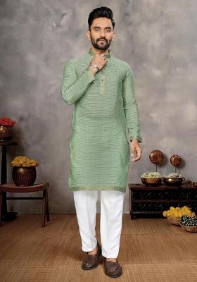 Mint Green Embroidered Silk Kurta With Pyjama For Men