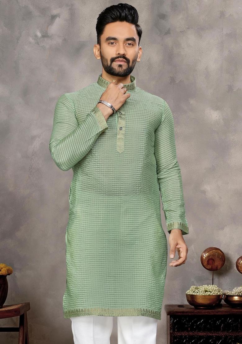 Mint Green Embroidered Silk Kurta With Pyjama For Men