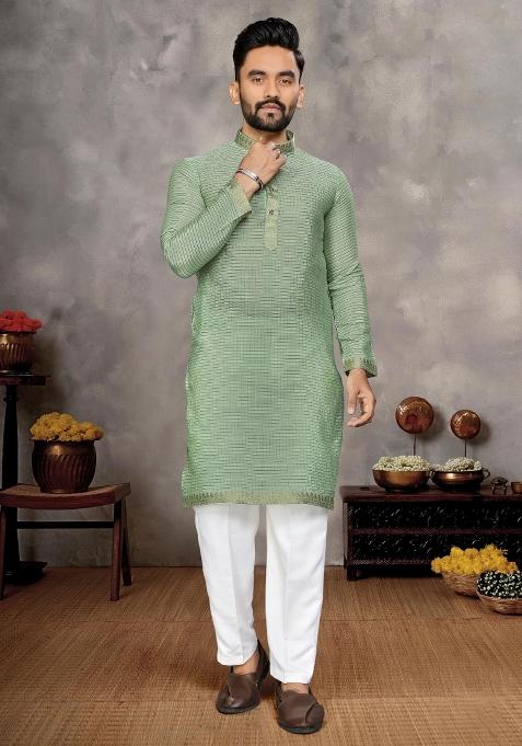 Mint Green Embroidered Silk Kurta With Pyjama For Men