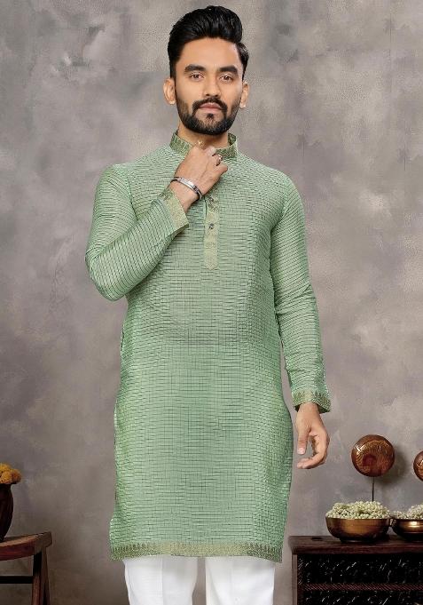 Mint Green Embroidered Silk Kurta With Pyjama For Men