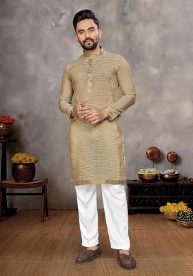 Beige Embroidered Silk Kurta With Pyjama For Men