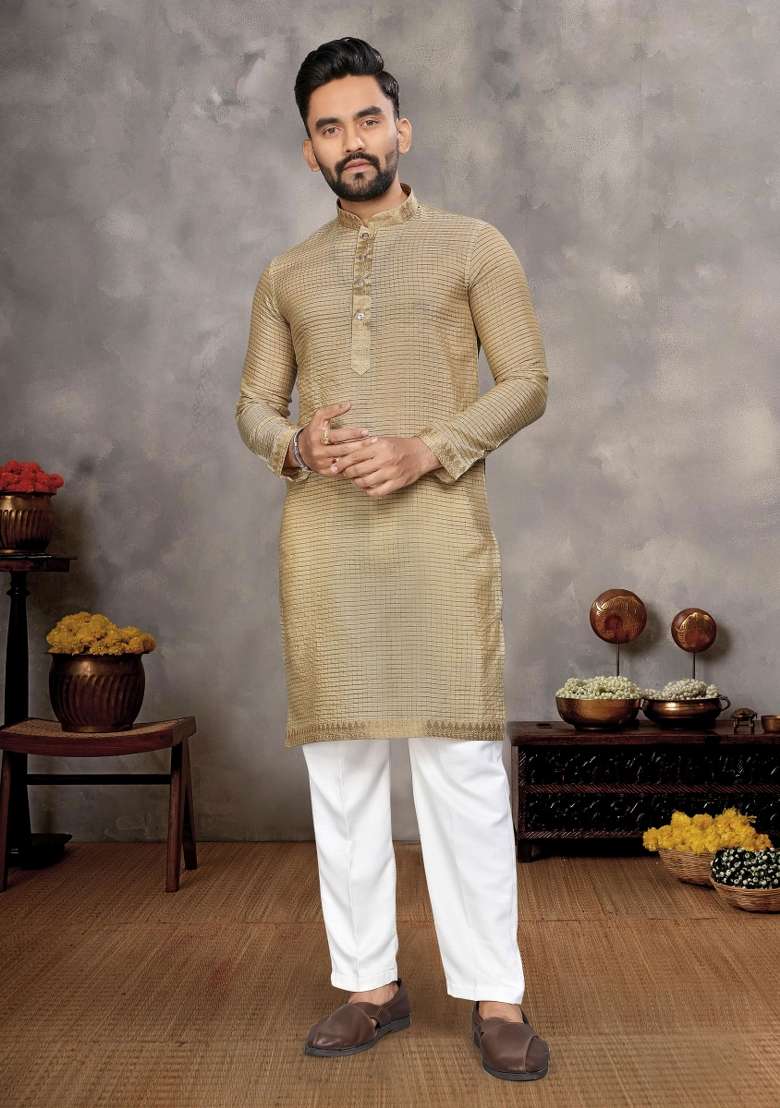 Beige Embroidered Silk Blend Kurta With Pyjama For Men - Indya