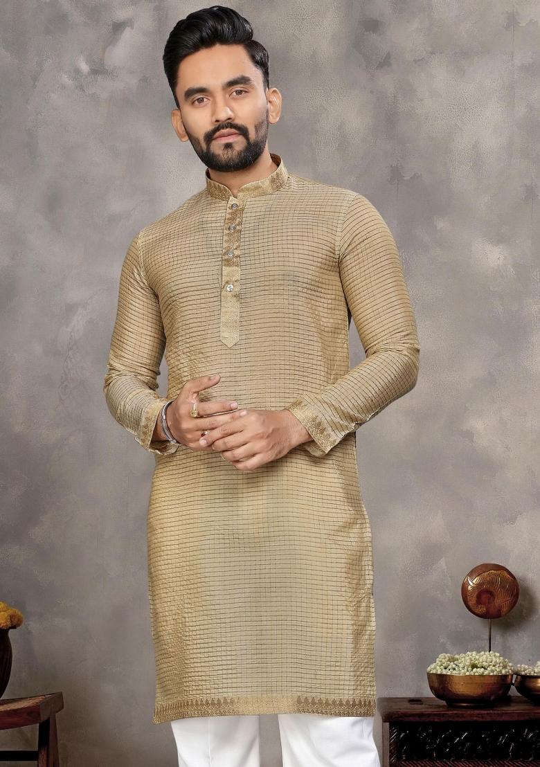 Beige Embroidered Silk Kurta With Pyjama For Men - Indya