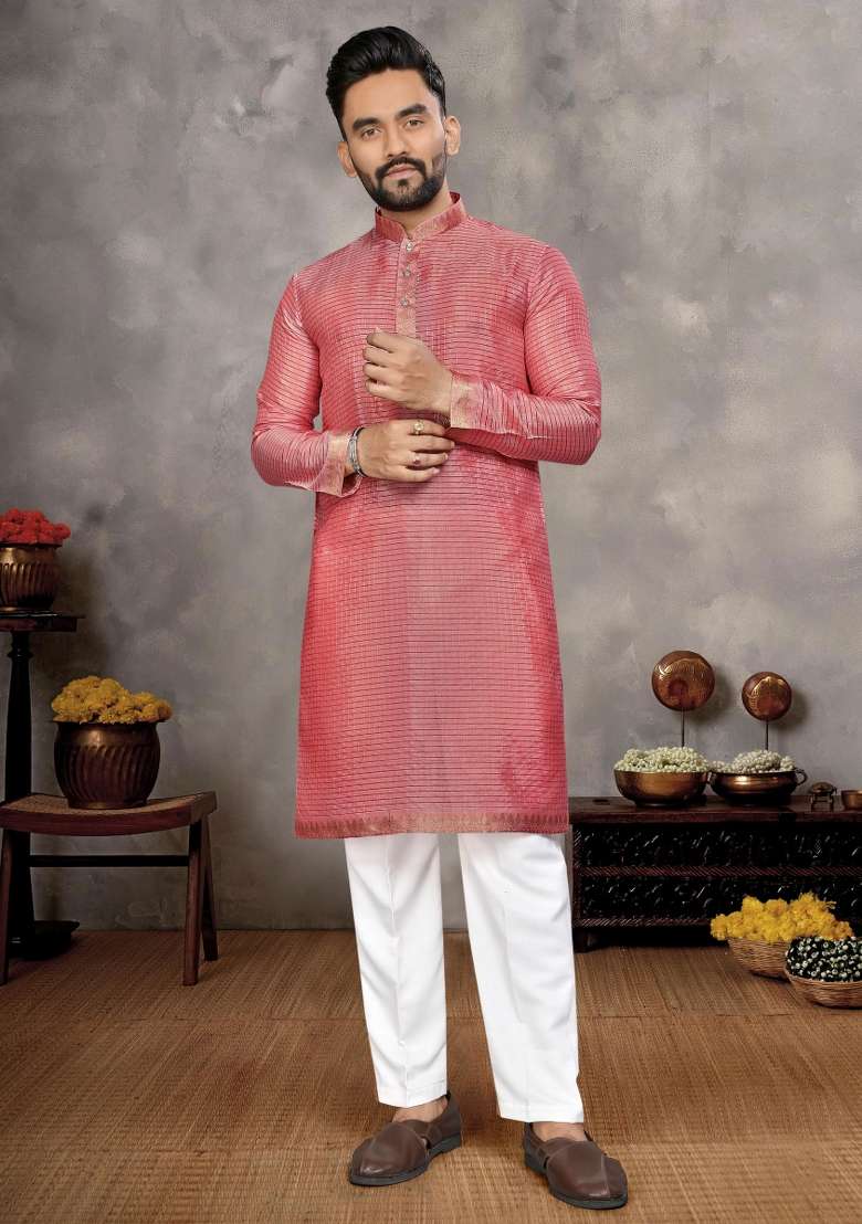 Pink Embroidered Silk Blend Kurta With Pyjama For Men - Indya