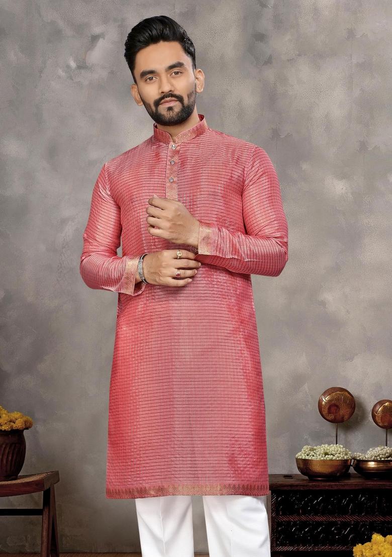 Pink Embroidered Silk Kurta With Pyjama For Men - Indya