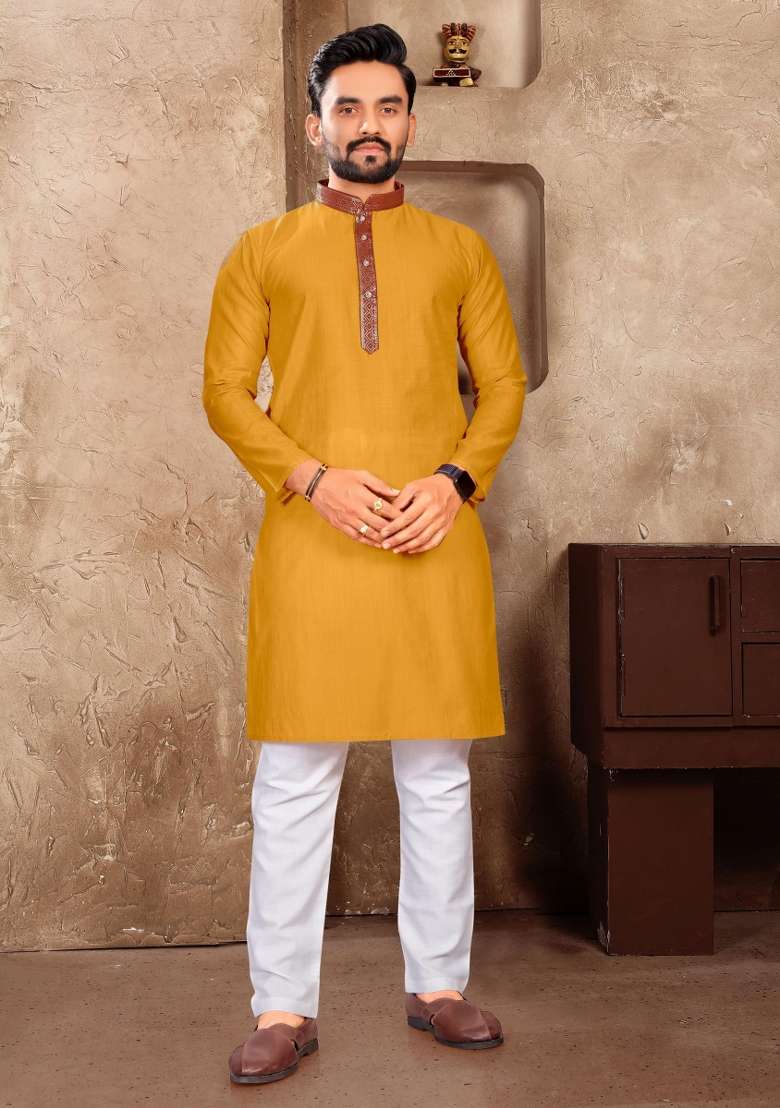 Yellow Embroidered Silk Blend Kurta With Pyjama For Men - Indya
