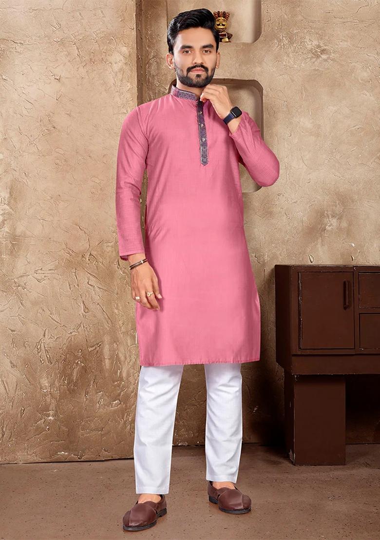 Pink Embroidered Silk Kurta With Pyjama For Men - Indya
