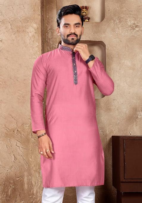Pink Embroidered Silk Kurta With Pyjama For Men