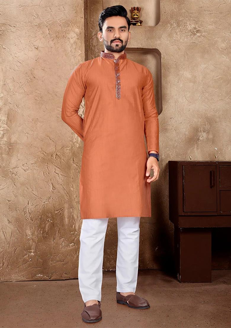 Orange Embroidered Silk Kurta With Pyjama For Men