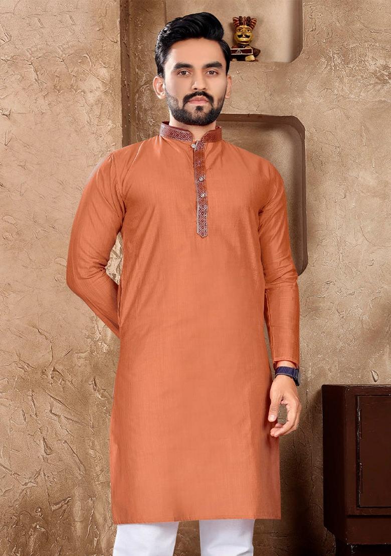 Orange Embroidered Silk Kurta With Pyjama For Men - Indya