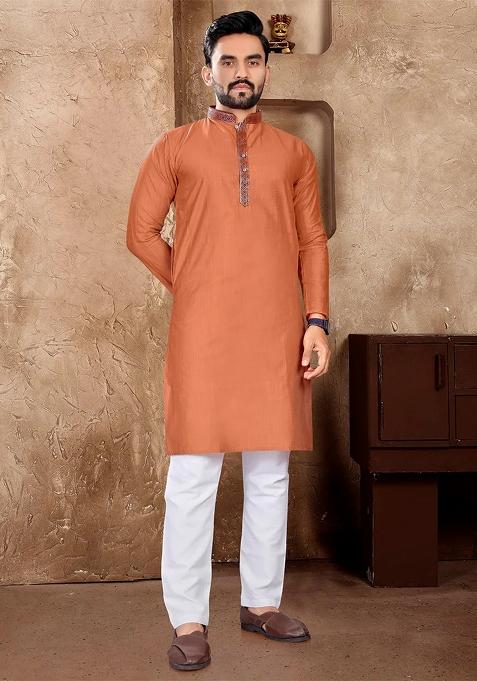 Orange Embroidered Silk Kurta With Pyjama For Men