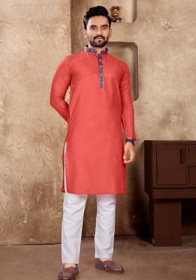 Peach Embroidered Silk Kurta With Pyjama For Men