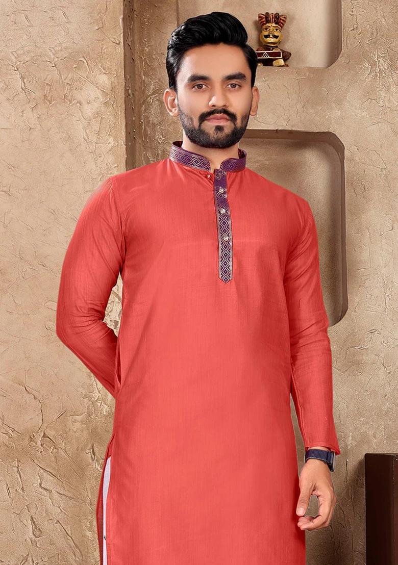 Peach Embroidered Silk Kurta With Pyjama For Men - Indya