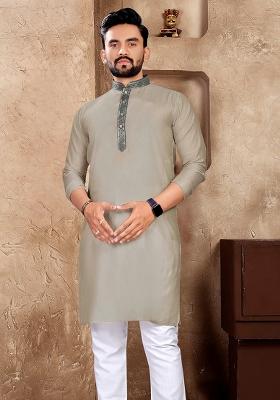 Grey Embroidered Silk Kurta With Pyjama For Men