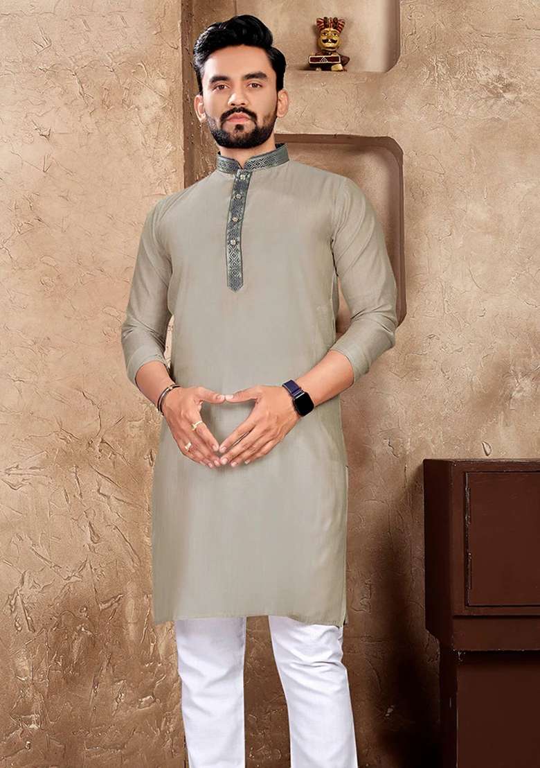Grey Embroidered Silk Blend Kurta With Pyjama For Men - Indya