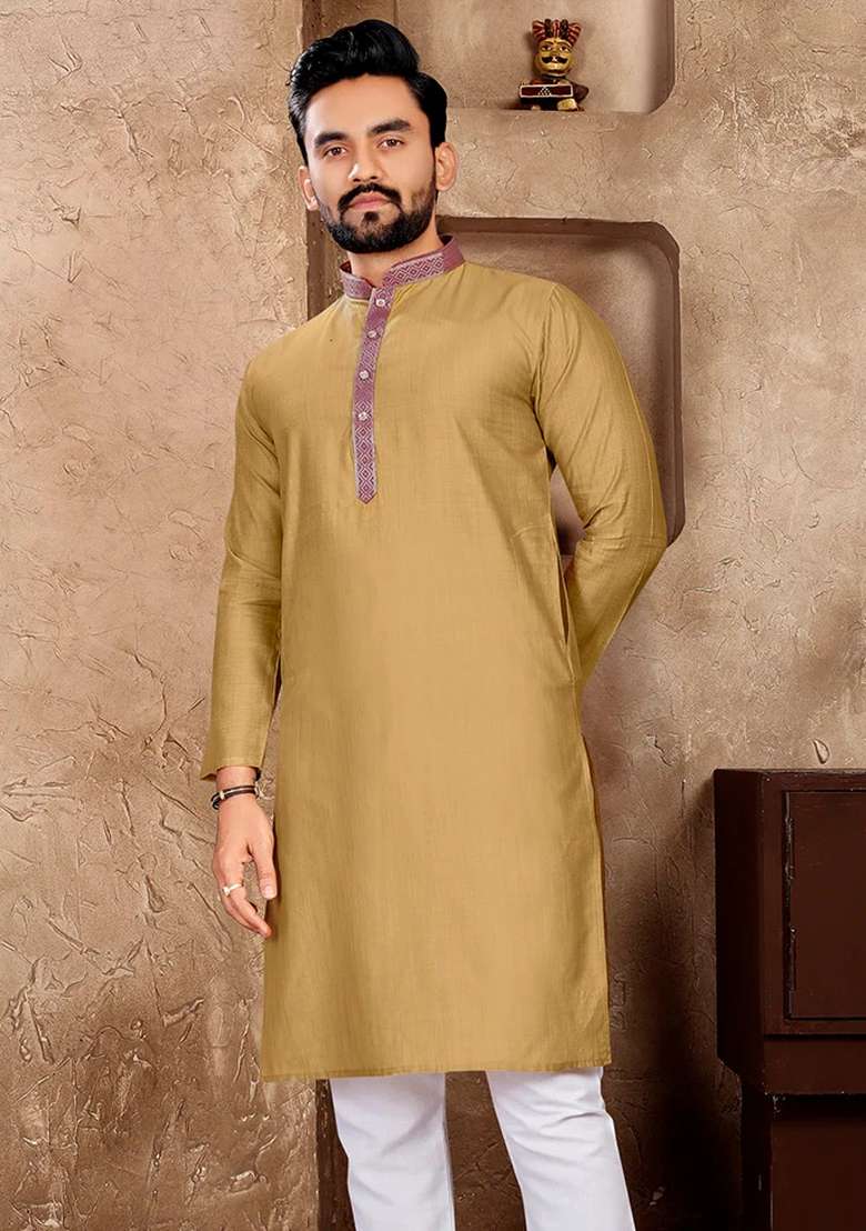 Beige Embroidered Silk Blend Kurta With Pyjama For Men - Indya