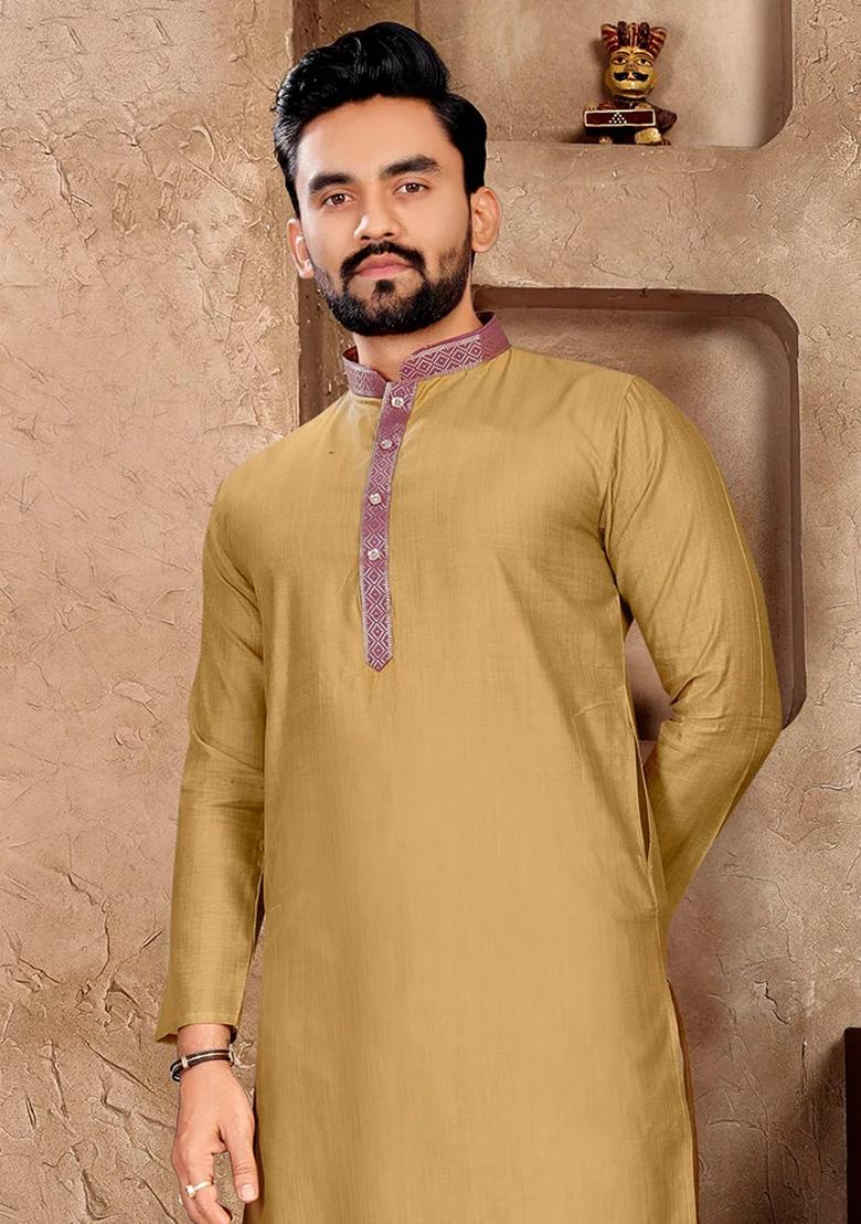 Beige Embroidered Silk Kurta With Pyjama For Men - Indya