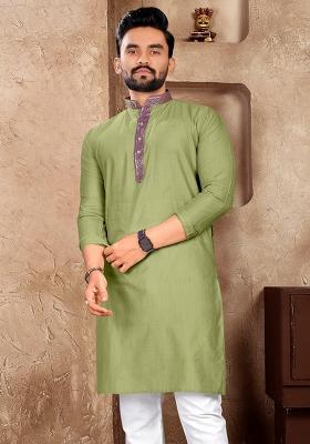 Olive Embroidered Silk Kurta With Pyjama For Men