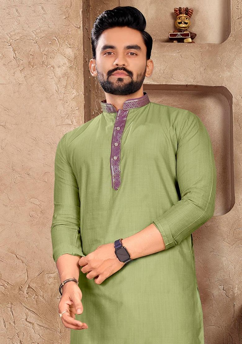 Olive Embroidered Silk Kurta With Pyjama For Men - Indya