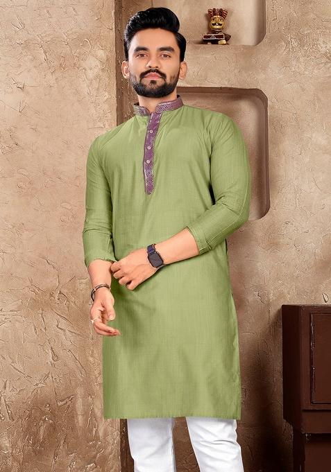 Olive Embroidered Silk Kurta With Pyjama For Men