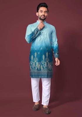 Blue Embroidered Cotton Kurta With Pyjama For Men