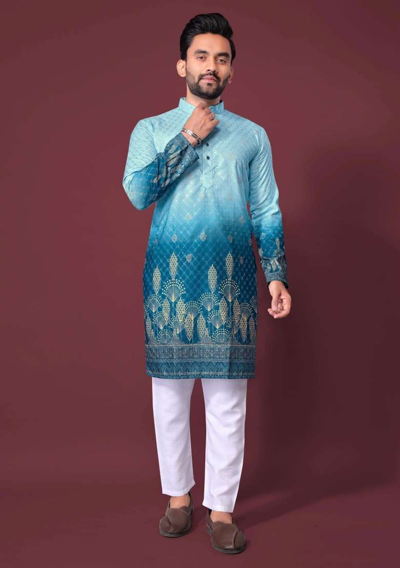 Blue Embroidered Cotton Kurta With Pyjama For Men - Indya