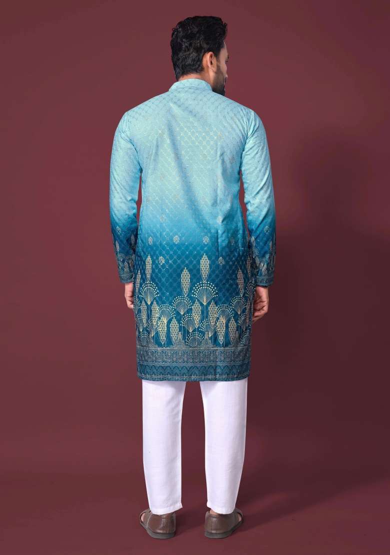 Blue Embroidered Cotton Kurta With Pyjama For Men - Indya