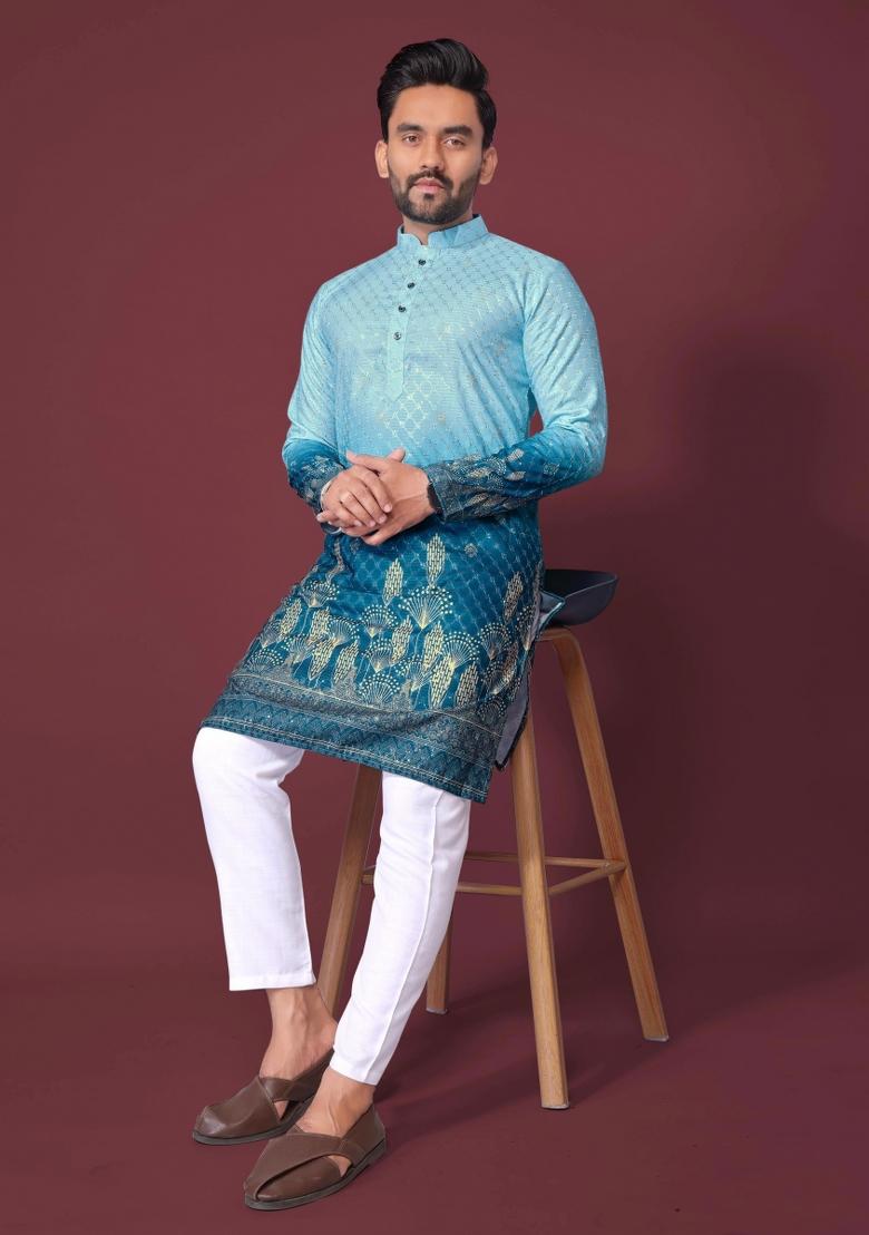 Blue Embroidered Cotton Kurta With Pyjama For Men - Indya