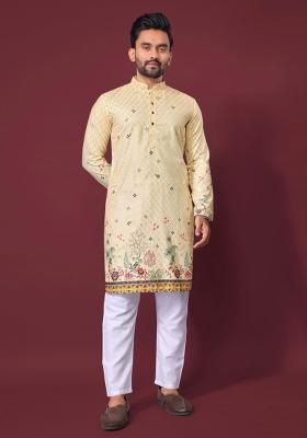 Cream Embroidered Cotton Kurta With Pyjama For Men