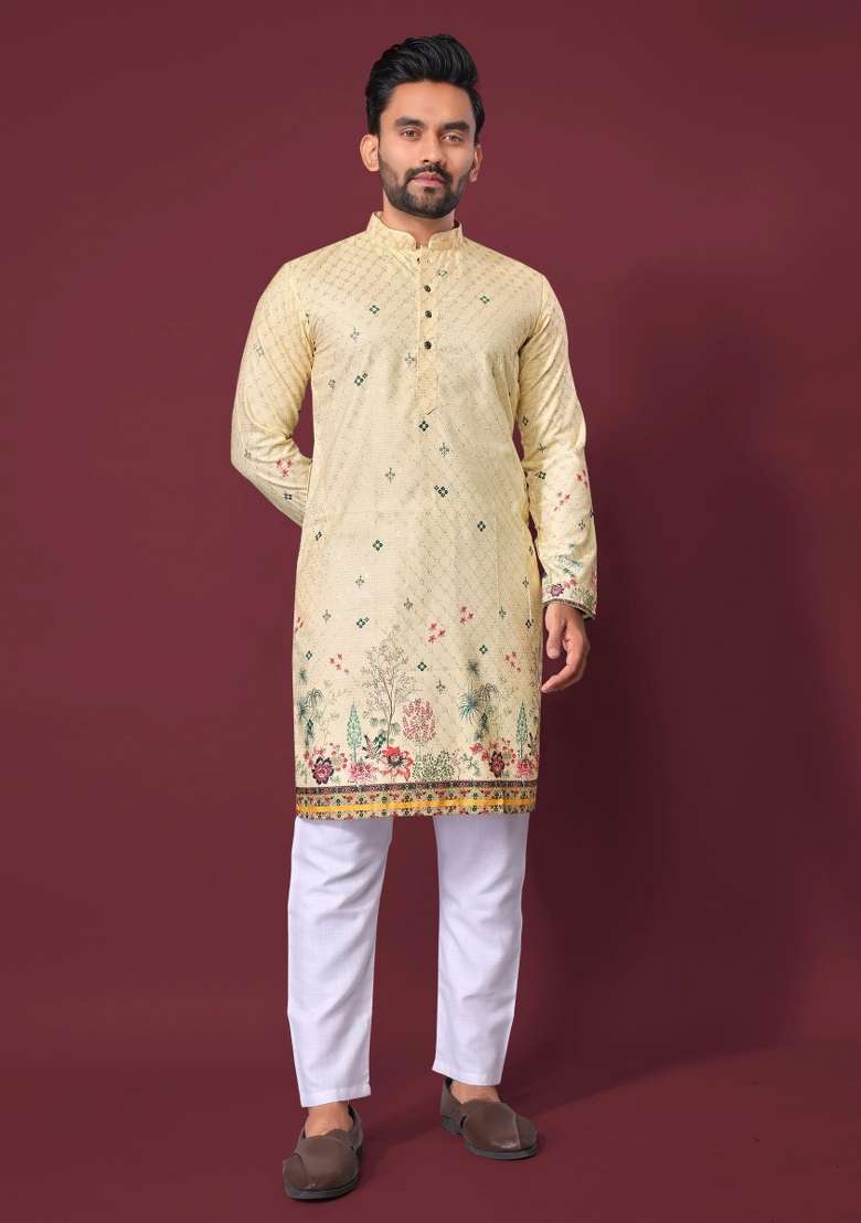 Cream Embroidered Cotton Kurta With Pyjama For Men - Indya