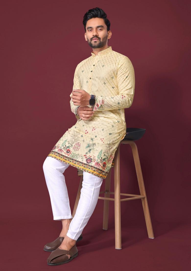 Cream Embroidered Cotton Kurta With Pyjama For Men - Indya