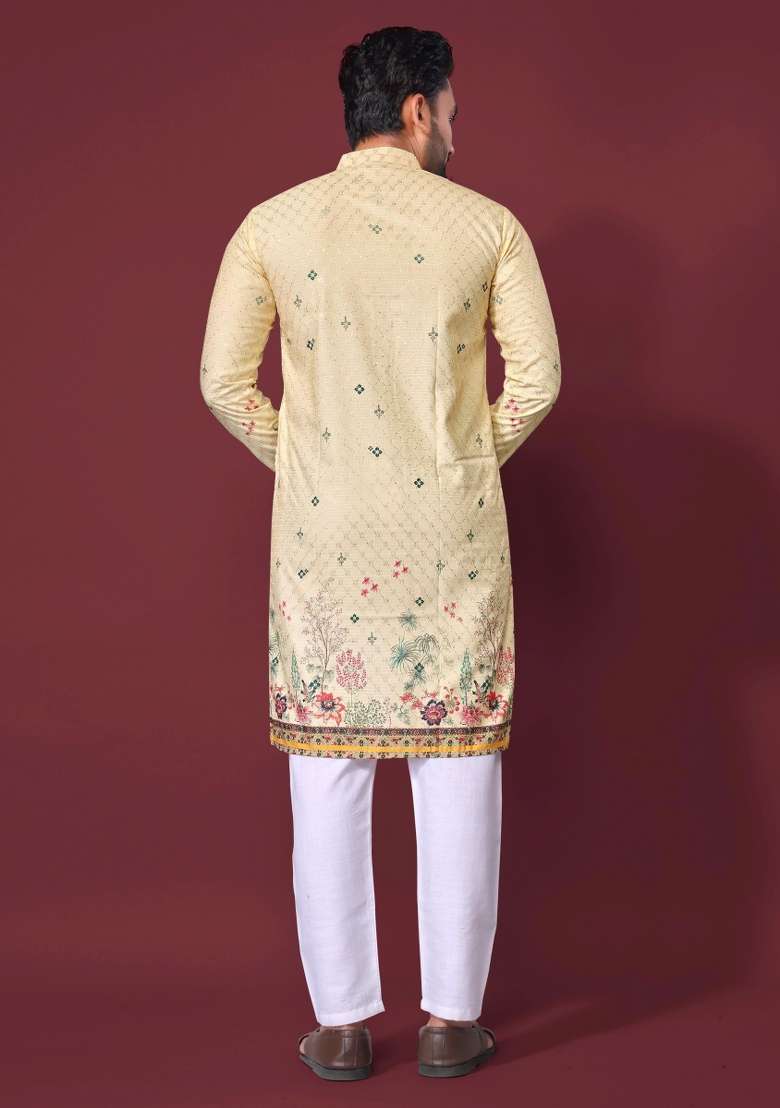 Cream Embroidered Cotton Kurta With Pyjama For Men - Indya