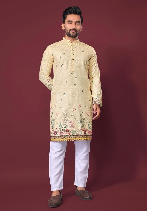 Cream Embroidered Cotton Kurta With Pyjama For Men