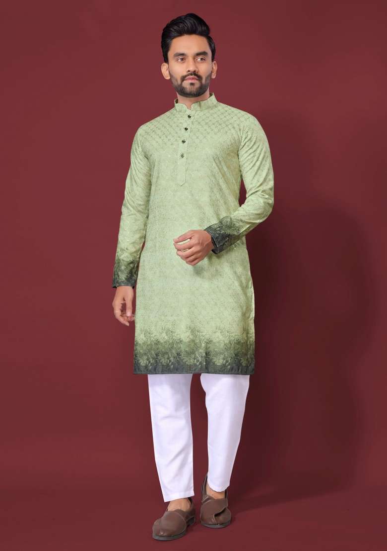 Mint Green Embroidered Cotton Kurta With Pyjama For Men - Indya