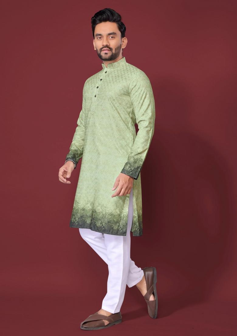 Mint Green Embroidered Cotton Kurta With Pyjama For Men - Indya
