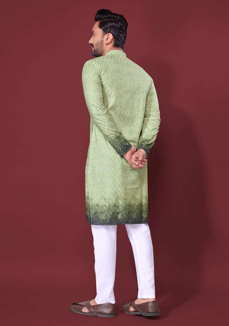 Mint Green Embroidered Cotton Kurta With Pyjama For Men - Indya