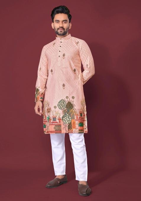 Pink Embroidered Cotton Kurta With Pyjama For Men