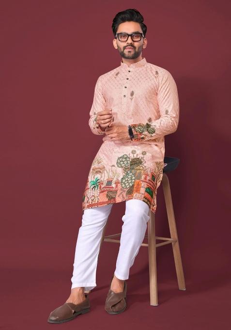Pink Embroidered Cotton Kurta With Pyjama For Men
