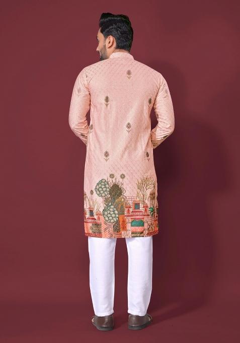 Pink Embroidered Cotton Kurta With Pyjama For Men