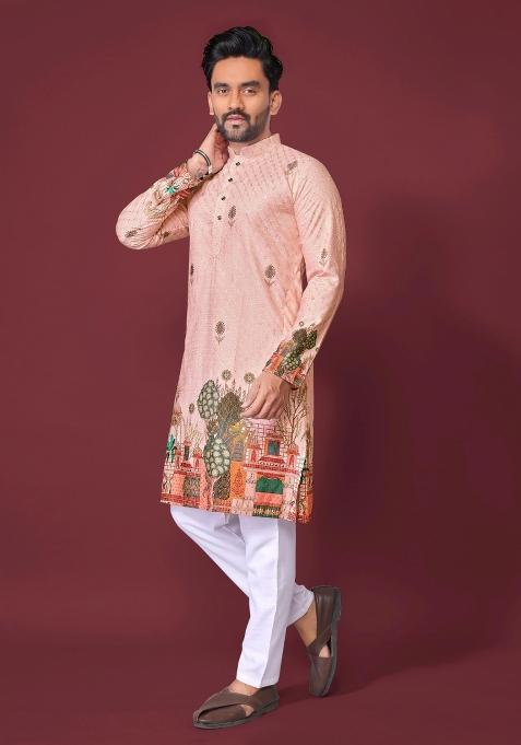 Pink Embroidered Cotton Kurta With Pyjama For Men
