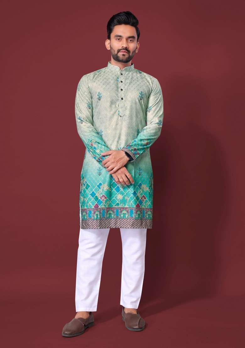 Turquoise Embroidered Cotton Kurta With Pyjama For Men - Indya