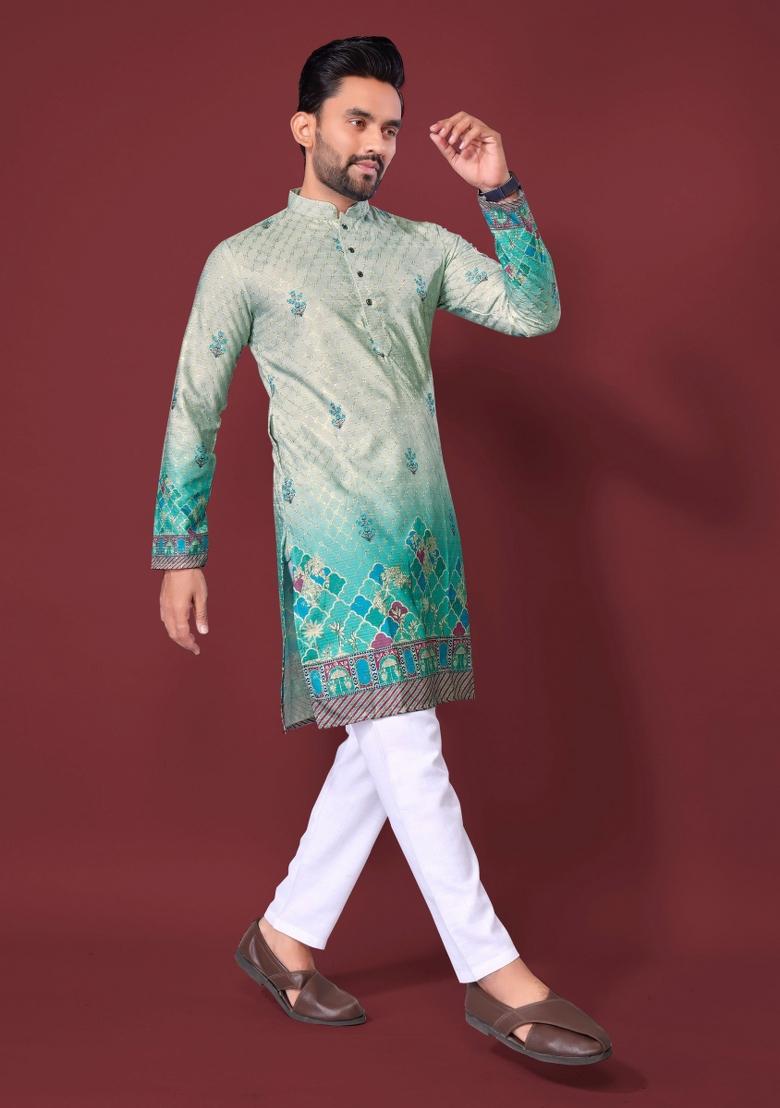 Turquoise Embroidered Cotton Kurta With Pyjama For Men - Indya