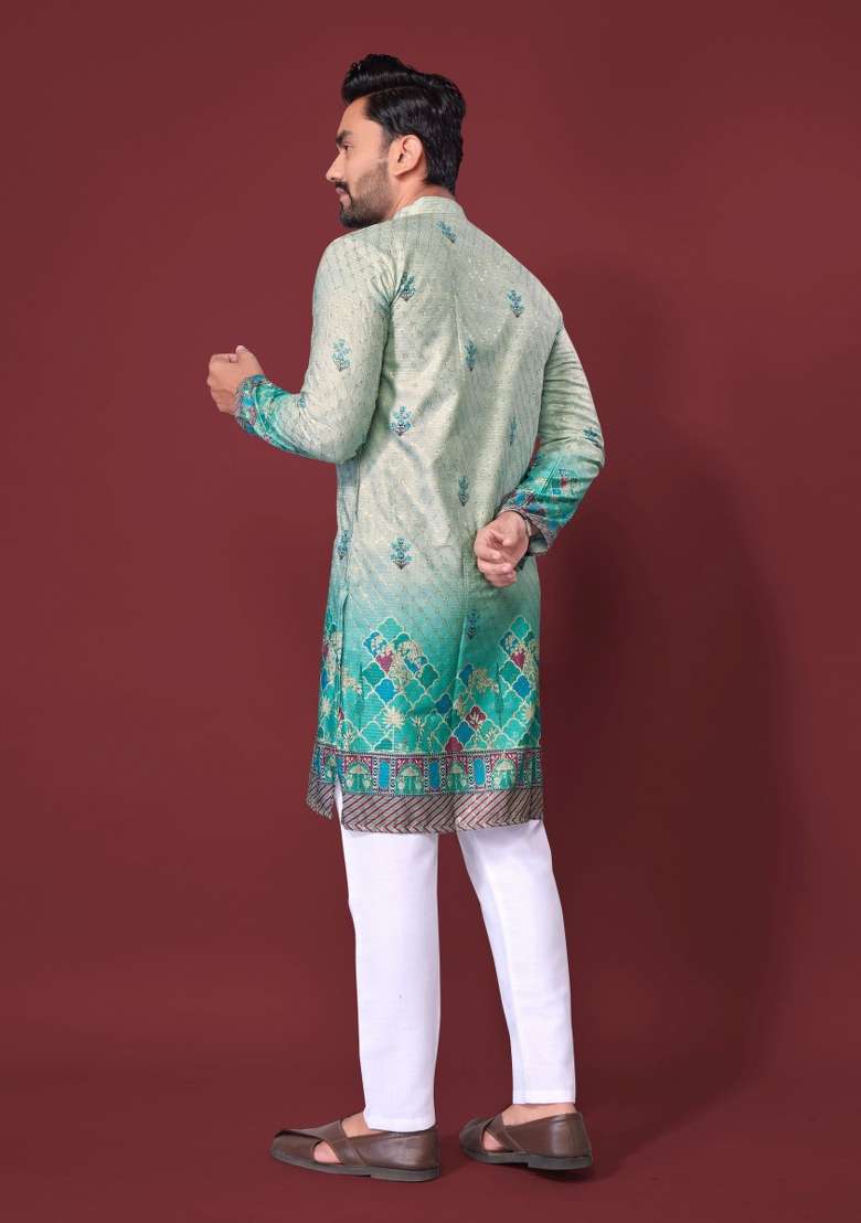 Turquoise Embroidered Cotton Kurta With Pyjama For Men - Indya