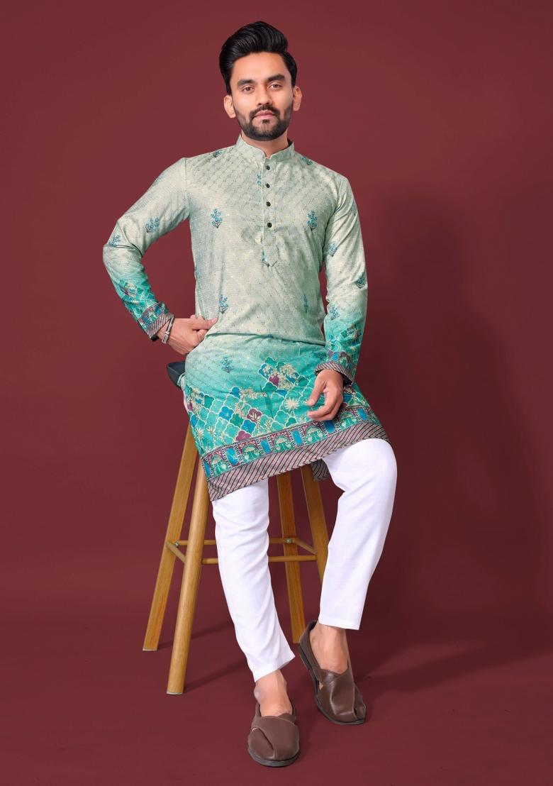 Turquoise Embroidered Cotton Kurta With Pyjama For Men - Indya