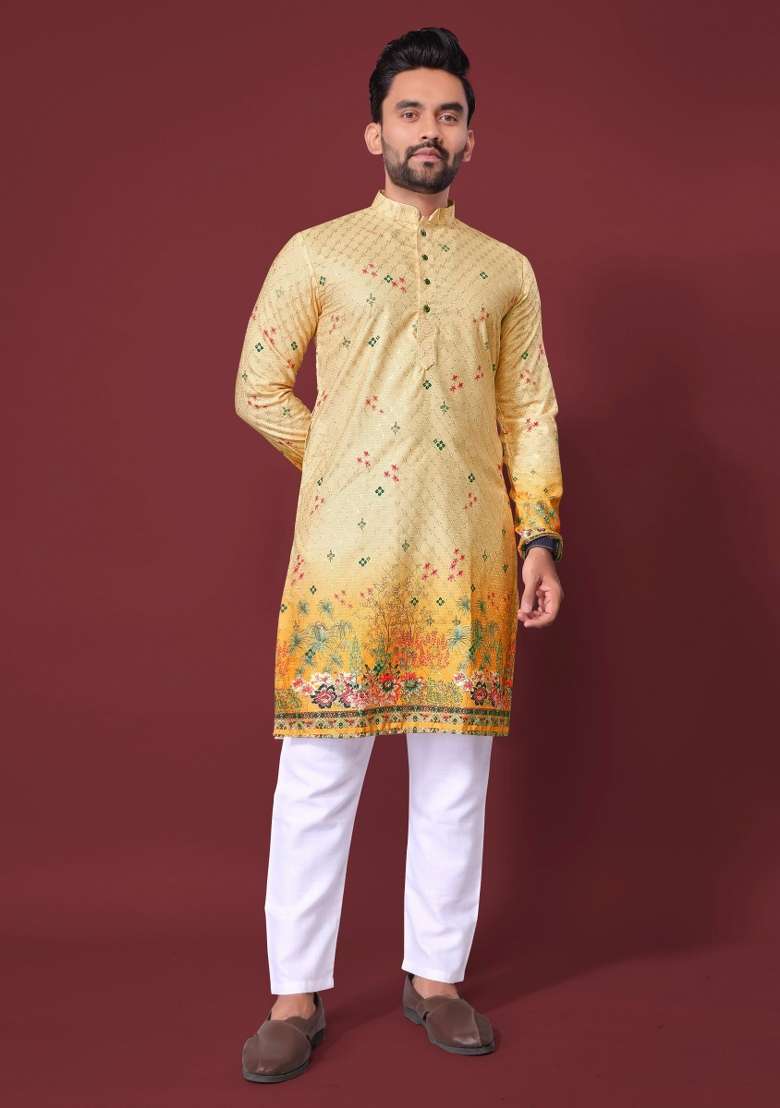 Yellow Embroidered Cotton Kurta With Pyjama For Men - Indya