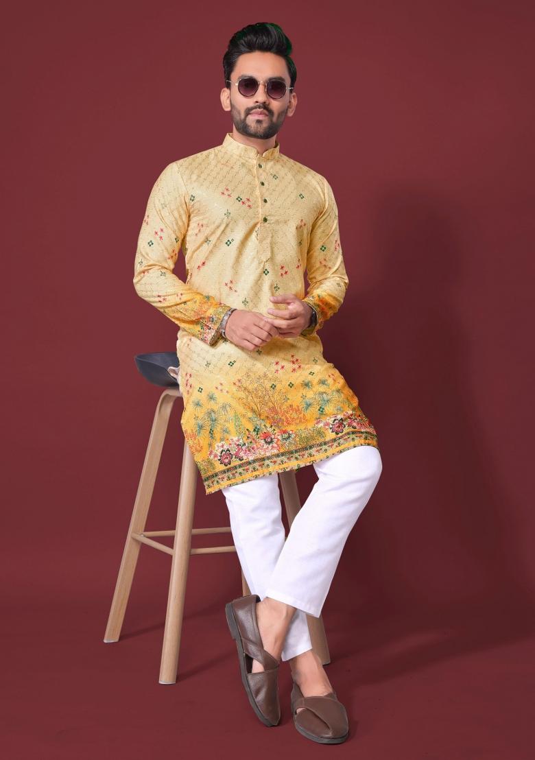 Yellow Embroidered Cotton Kurta With Pyjama For Men - Indya