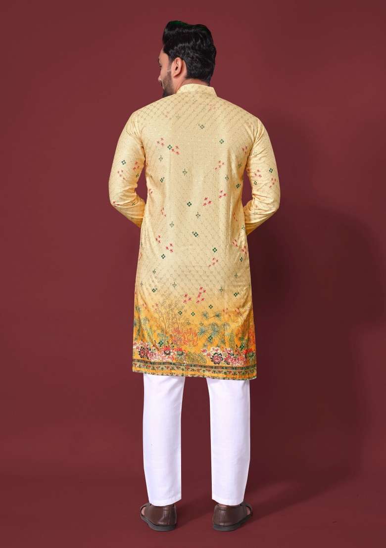 Yellow Embroidered Cotton Kurta With Pyjama For Men - Indya