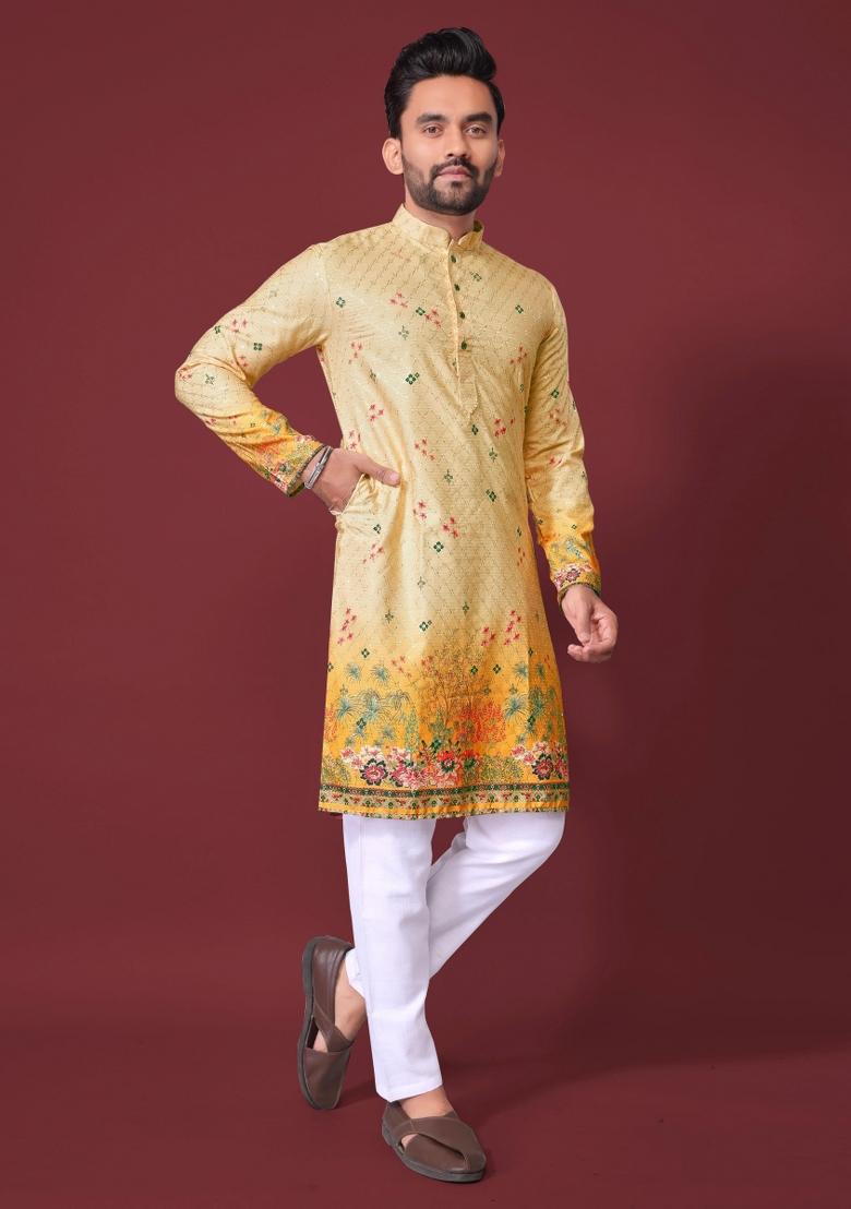 Yellow Embroidered Cotton Kurta With Pyjama For Men - Indya