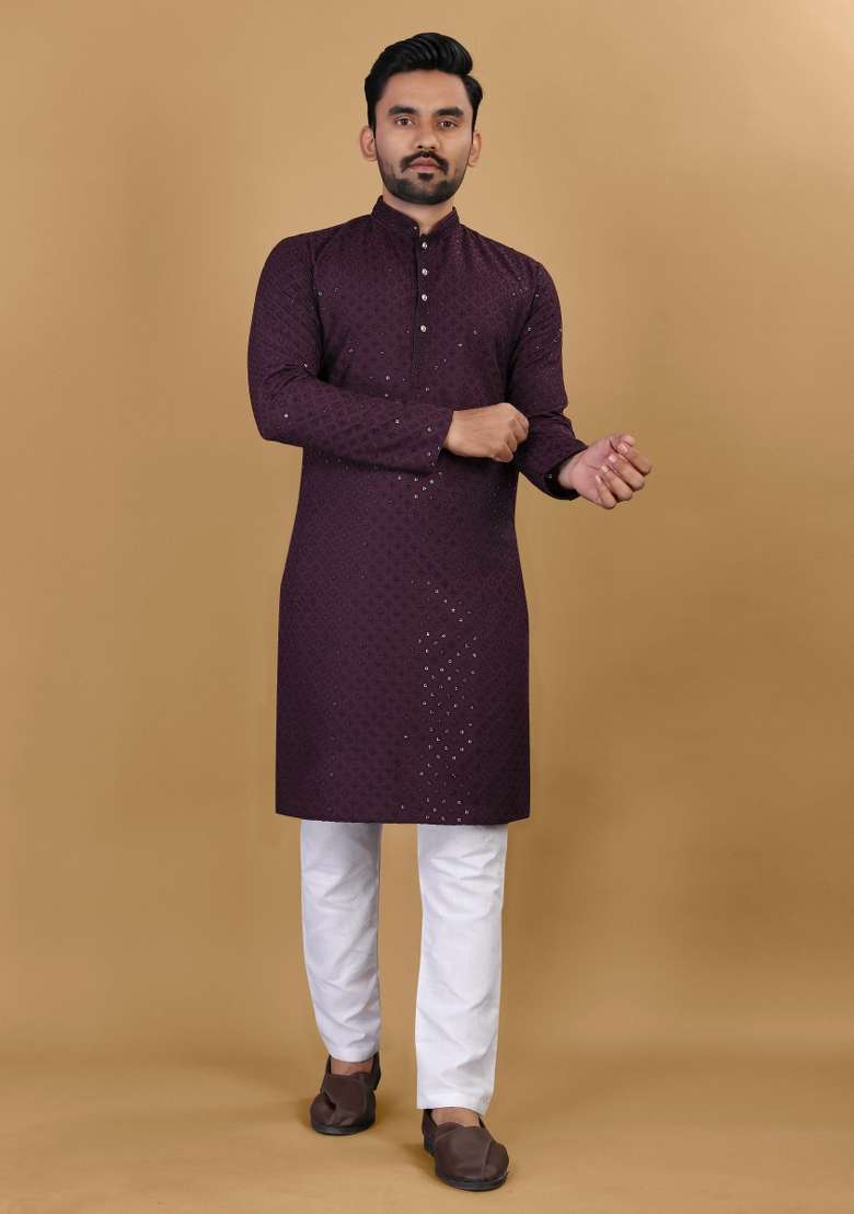 Wine Sequins Work Cotton Kurta With Pyjama For Men - Indya