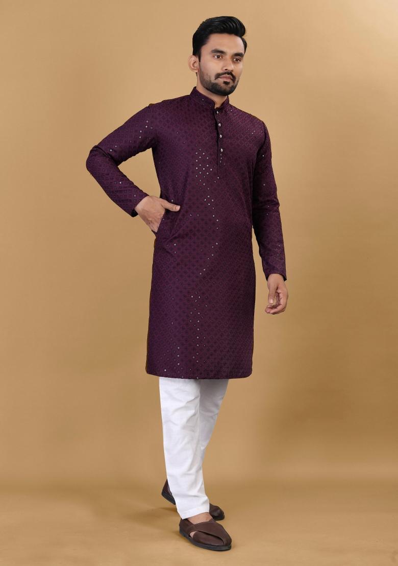 Wine Sequins Work Cotton Kurta With Pyjama For Men - Indya
